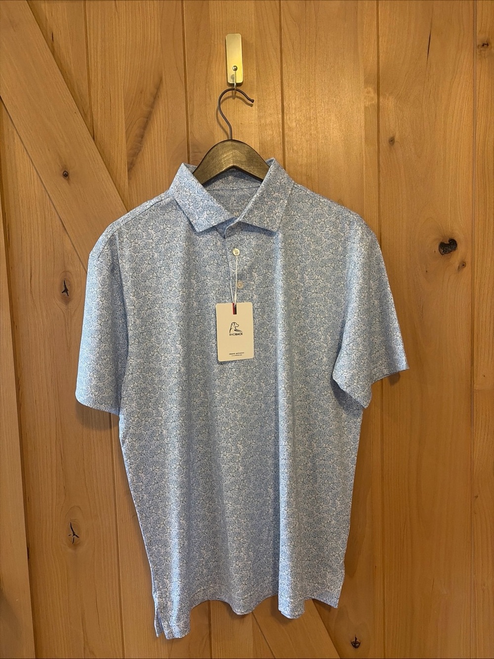 Rhoback Men’s Performance Polo Blooming Hydrangea Floral Print Blue White NWT M